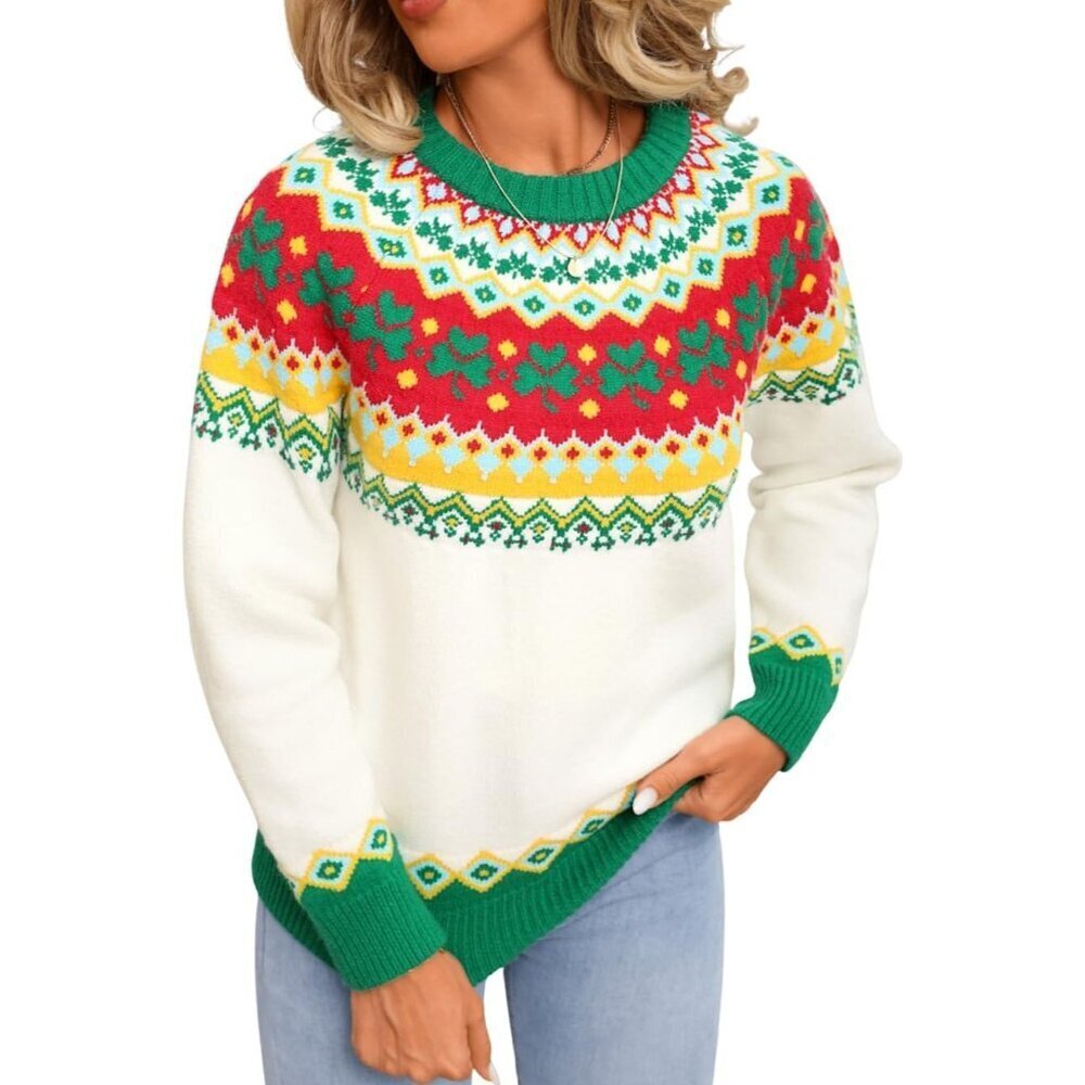 Womens Beige Christmas Sweater Lucky Clover Pattern Chunky Knit Holiday Pull - Picture 1 of 7